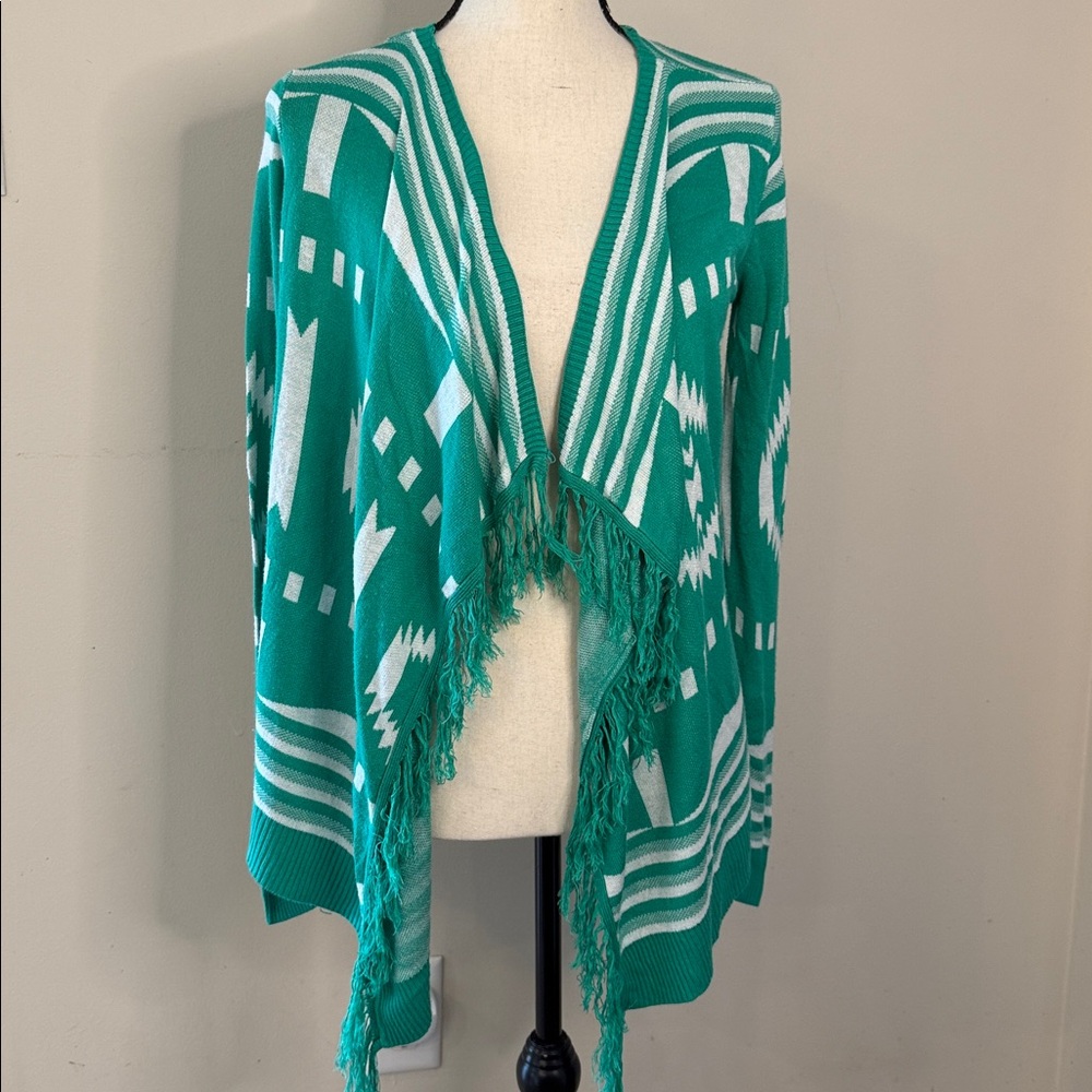 Umgee boho casual knit cardigan sweater teal white western Aztec fringe trim SM